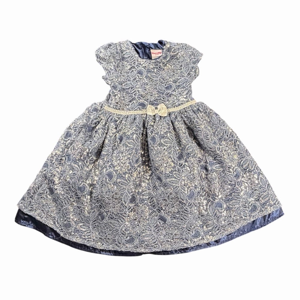 Nannette Kids Girls Navy Blue Silver Metallic Floral Lace Party Dress Bow 24M